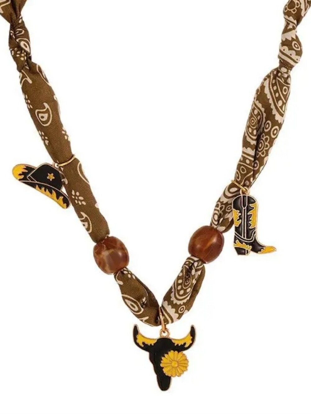 Western Brown Bandana Charm Necklace with Southwestern Motifs